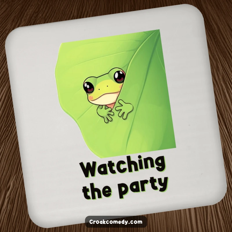 Funny frog peeking from behind a leaf, illustrated humorously on this set of protective drink coasters.