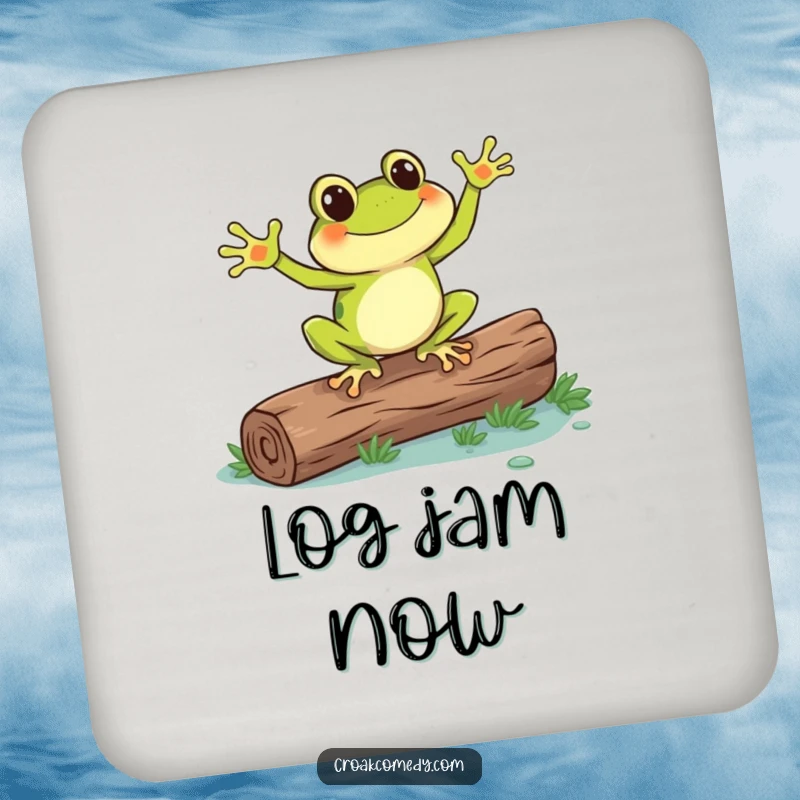 Funny frog captured in a dance pose on a log, a set of humorous coasters to protect furniture with playful charm.