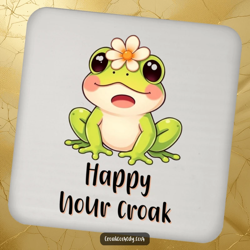 Funny drink coaster showing a happy frog with a flower on its head, joyfully croaking.