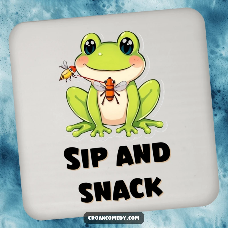 Funny Coaster featuring a smiling frog balancing a fly on its tongue, adding quirky and humorous protection to any tabletop.