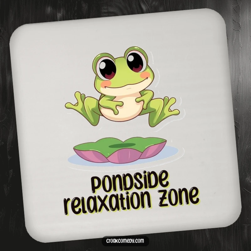 Funny Coaster featuring a cute frog with big eyes leaping over a lily pad, adding charming and humorous protection to any tabletop.