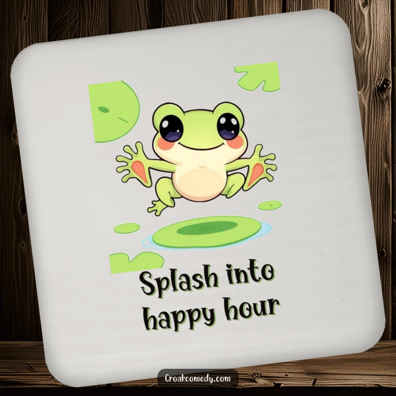 Funny drink coaster featuring a cute frog character joyfully leaping from lily pad to lily pad, for drinks.