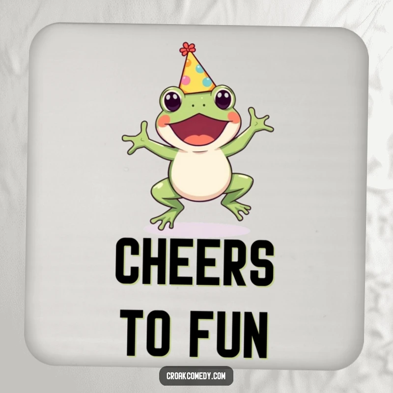 Funny Frog Coaster: A cute, hopping frog in a party hat, adding a splash of humor and protecting surfaces, a funny gift.