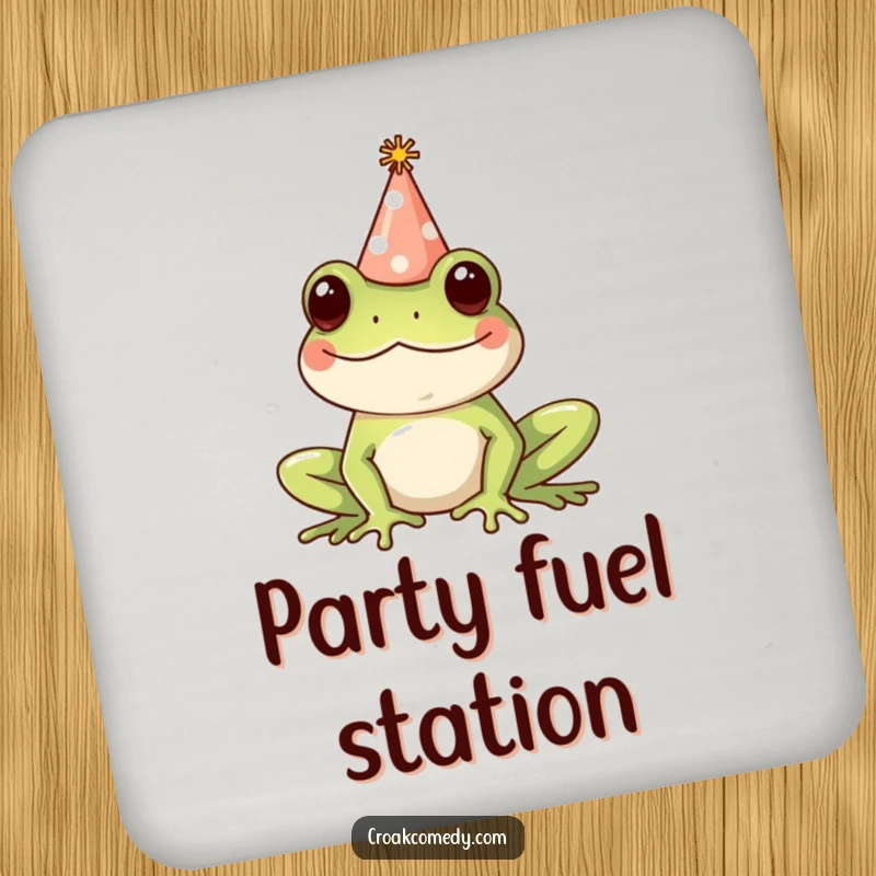 Funny Coaster featuring a happy frog wearing a tiny party hat, adding festive and humorous protection to any tabletop.