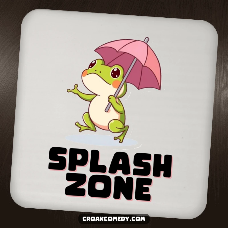 Funny frog with a miniature umbrella on a protective drink coaster, adding a touch of whimsical humor to tabletops.