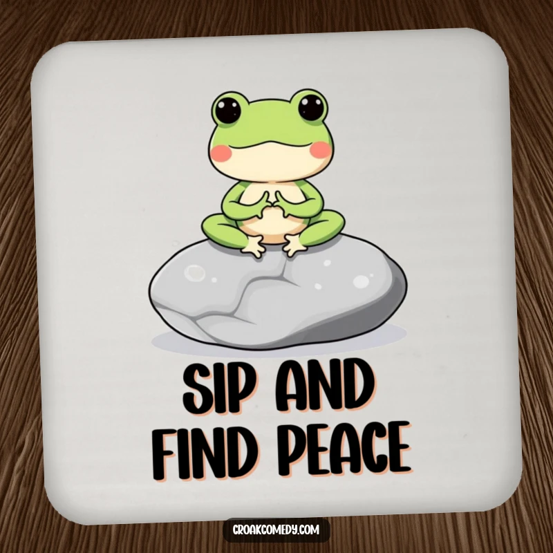 Funny drink coaster featuring a meditating frog on a smooth stone, adding serene charm to surface protection.