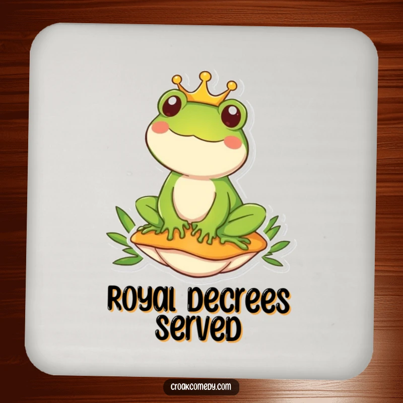 Funny frog wearing a crown sits regally on a mushroom, adding a humorous and protective touch with this coaster.