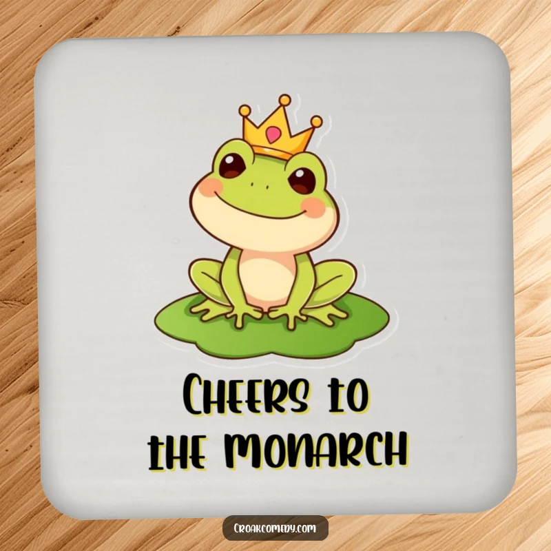 Funny drink coaster featuring a regal frog with a crown on a lily pad, adding majestic charm to surface protection.