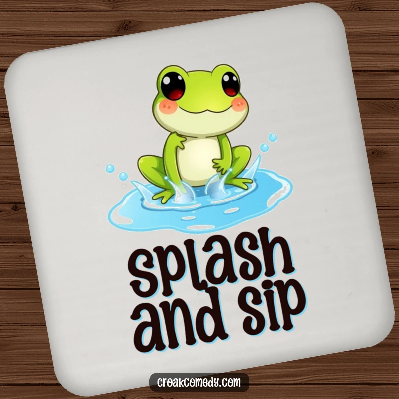 Funny Drink Coaster with a playful frog character splashing in a bright blue puddle, adding cheerful decor.