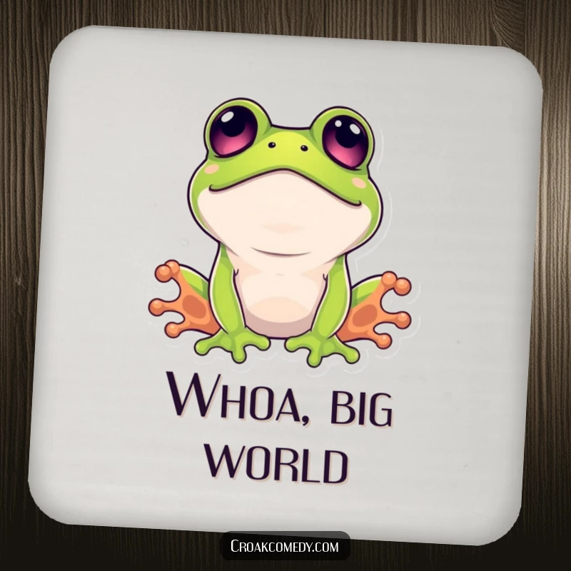 Funny surprised frog coaster showcasing a comical amphibian with wide, shocked eyes.