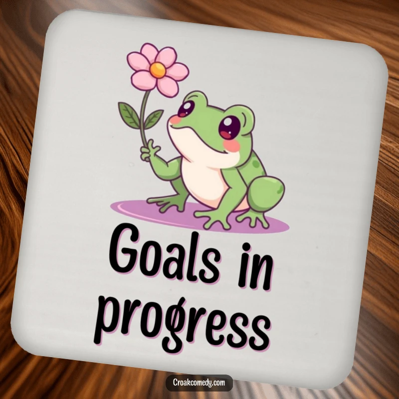Funny frog with a determined look reaching for a floating flower, a set of amusing coasters for table protection.