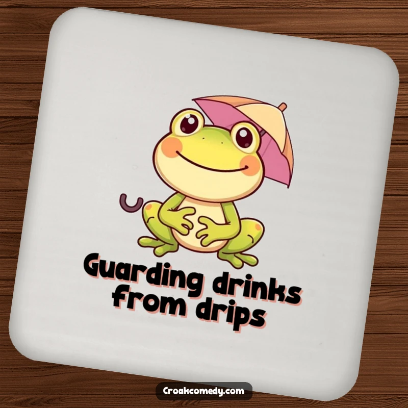 Funny frog with a wide smile, holding a tiny umbrella, on a drink coaster, adding cheer and humor to any table setting.