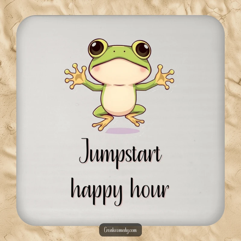Funny Frog Coaster: A big-eyed frog energetically doing a jumping jack, adding dynamic humor and protecting surfaces, a funny gift.