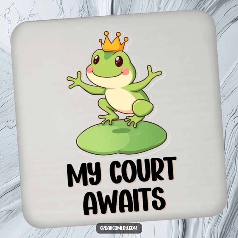 Funny happy frog coaster showcasing a crowned amphibian leaping onto a lily pad.