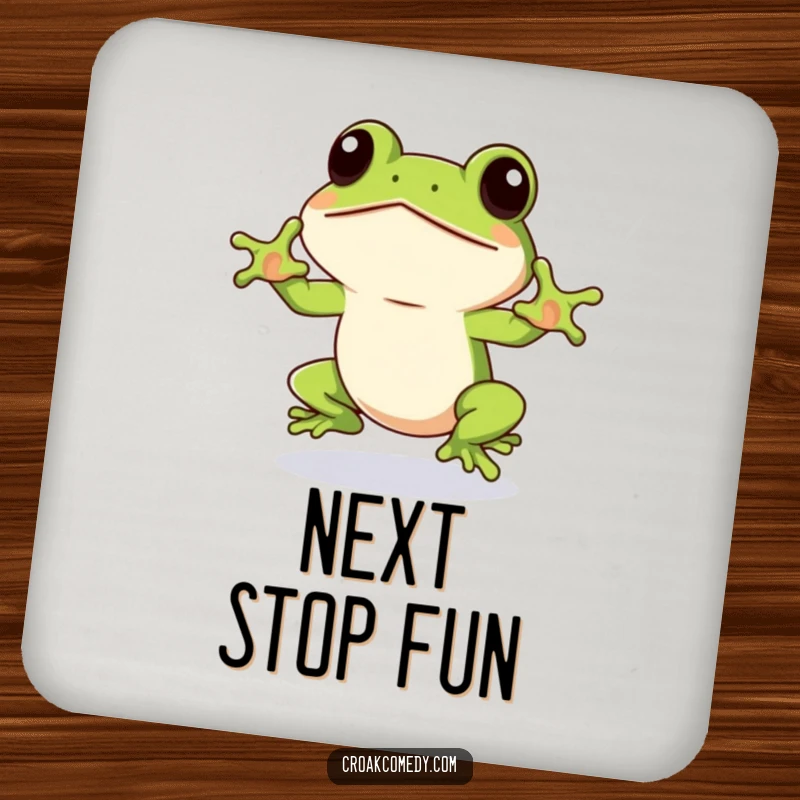 Funny Frog Coaster depicting an eager frog winking, ready to jump, protecting surfaces with a humorous, energetic, and dynamic design.