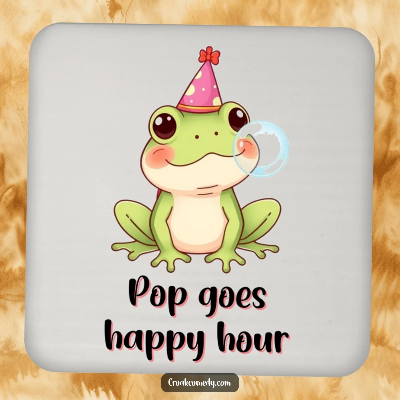 Funny Frog Coaster showcasing a frog in a party hat blowing a bubble, adding humor to tabletops.