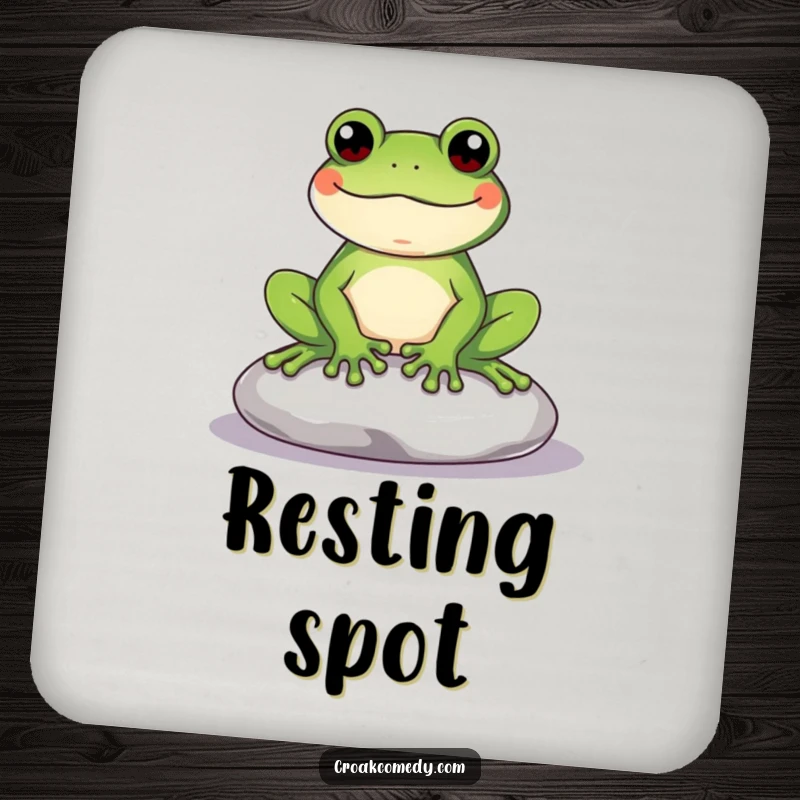 Funny Frog Coaster featuring a content frog on a stone, protecting surfaces with a humorous, minimalist, and serene design.