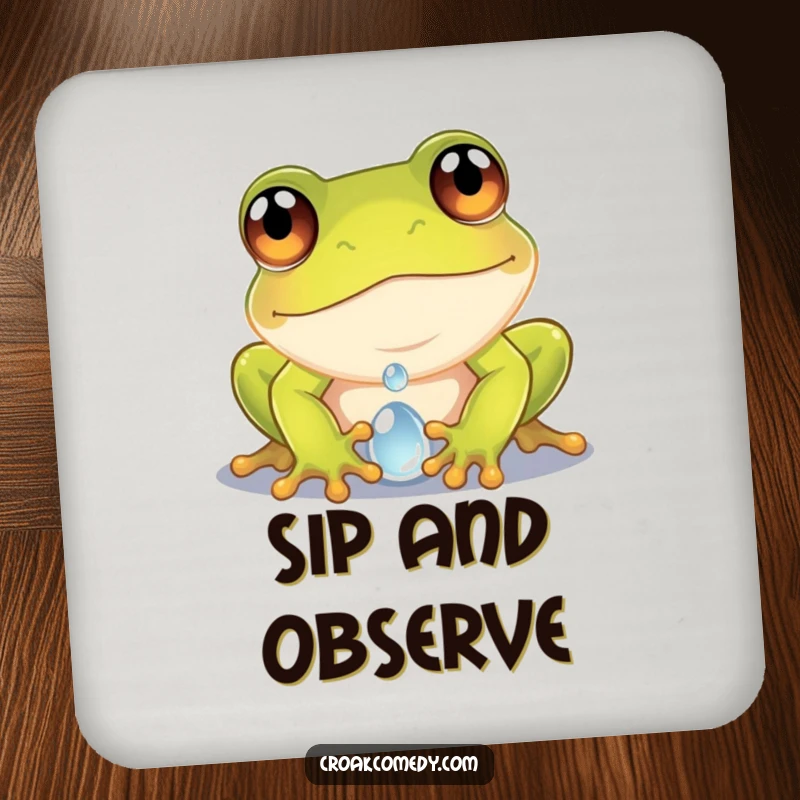 Funny frog drink coaster showing a curious frog with wide eyes peering into a dewdroplet, perfect for nature-themed tables.