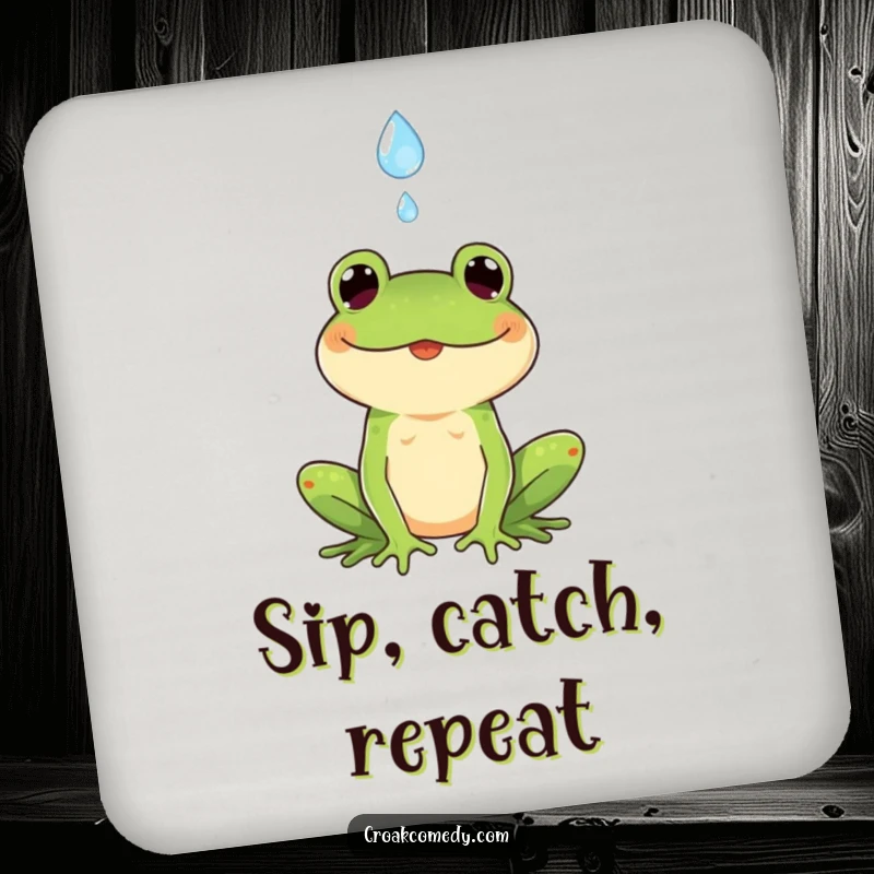 Funny drink coaster featuring a cheerful frog catching a falling raindrop, a charming protector for furniture surfaces.