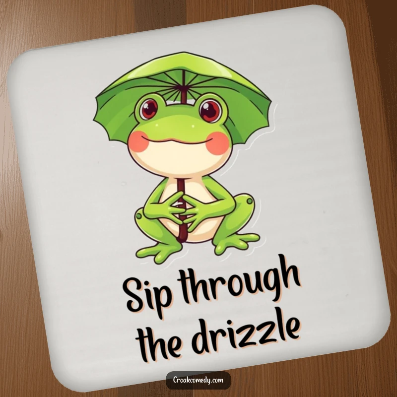 Funny frog drink coaster, a happy frog holding a lily pad umbrella, protects furniture with whimsical charm and humor.