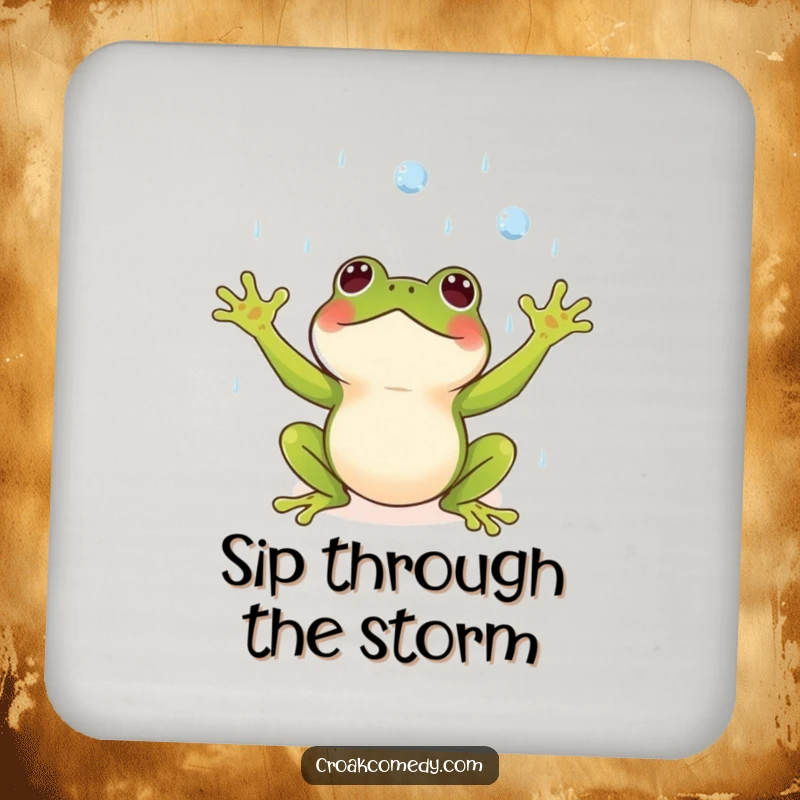 Funny drink coaster featuring a small frog with arms outstretched, joyfully catching raindrops, for drinks.