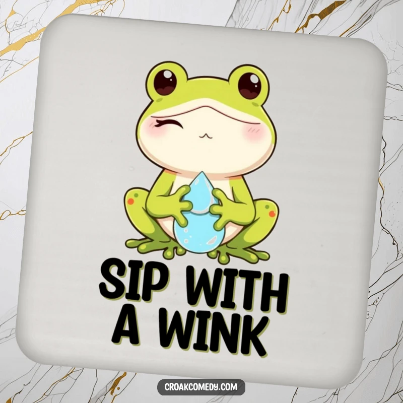 Funny drink coaster featuring a winking frog holding a dewdrop, adding playful charm to drink protection.