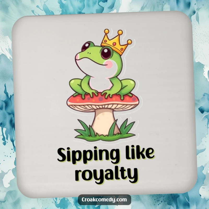 Funny Drink Coaster: Frog with crown sits regally on a mushroom, protecting surfaces with royal charm.