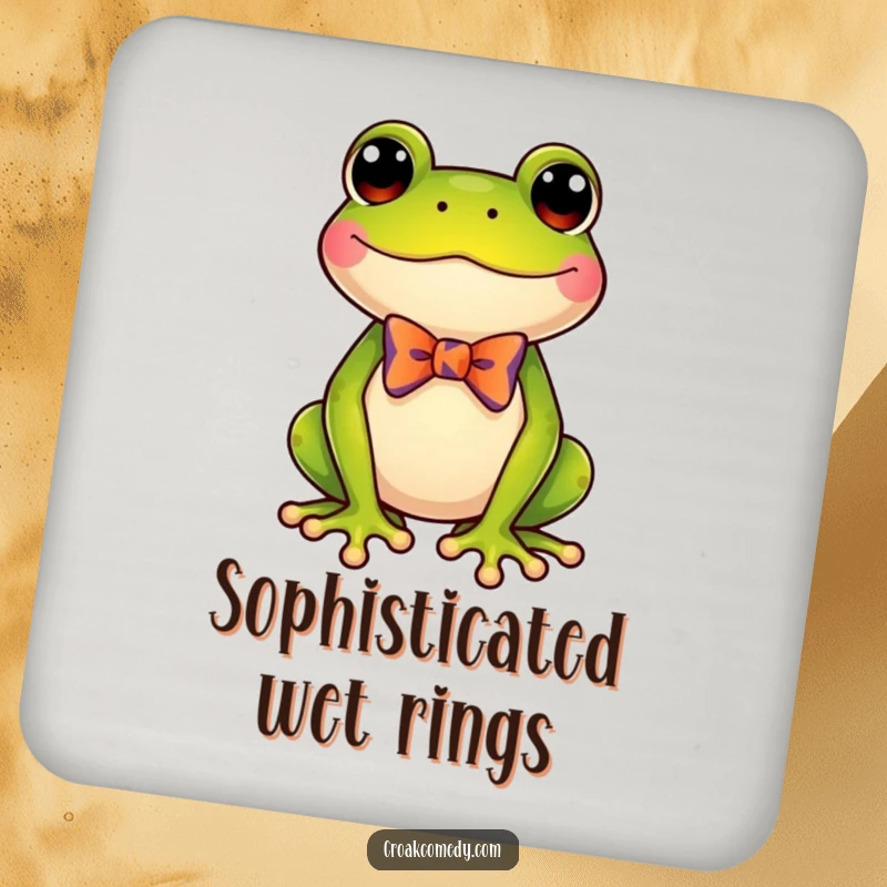 Funny frog wearing a small, colorful bow tie, featured on a drink coaster, adding humor and style to any surface.