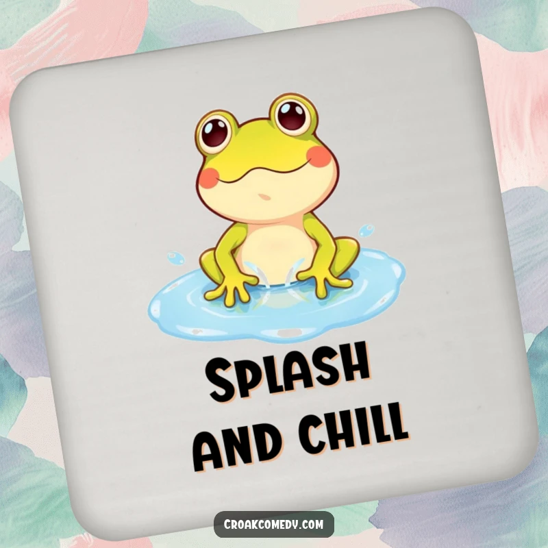 Funny Frog Coaster: A playful frog character splashing in a blue puddle, a humorous and protective drink accessory.