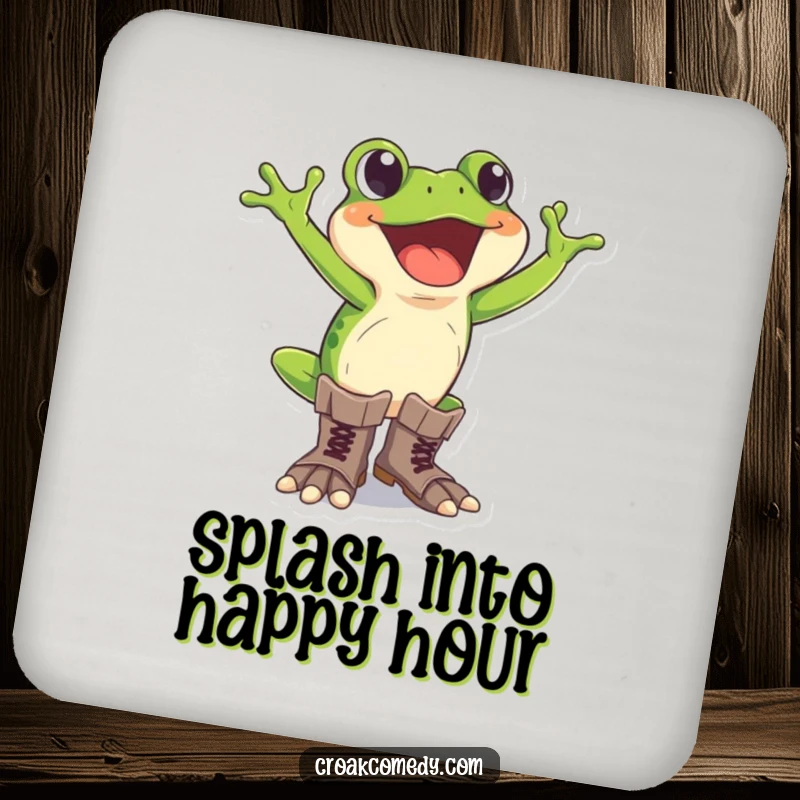 Funny frog coaster featuring an excited frog wearing oversized boots, adding humorous protection to surfaces.