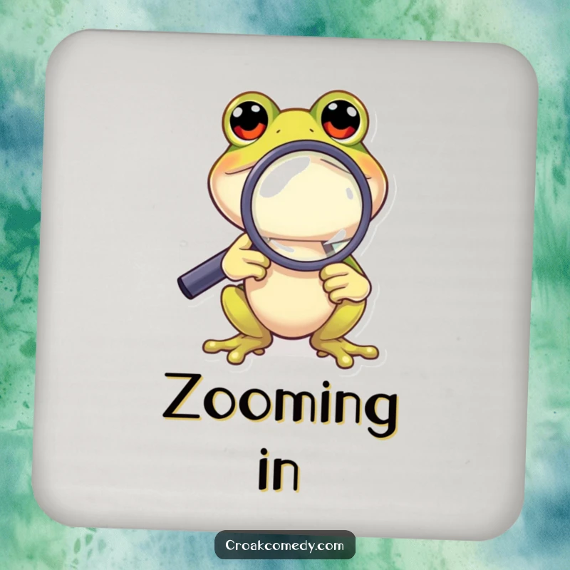 Funny Frog Coaster: A curious frog using a magnifying glass, a humorous and protective accessory for drinks.