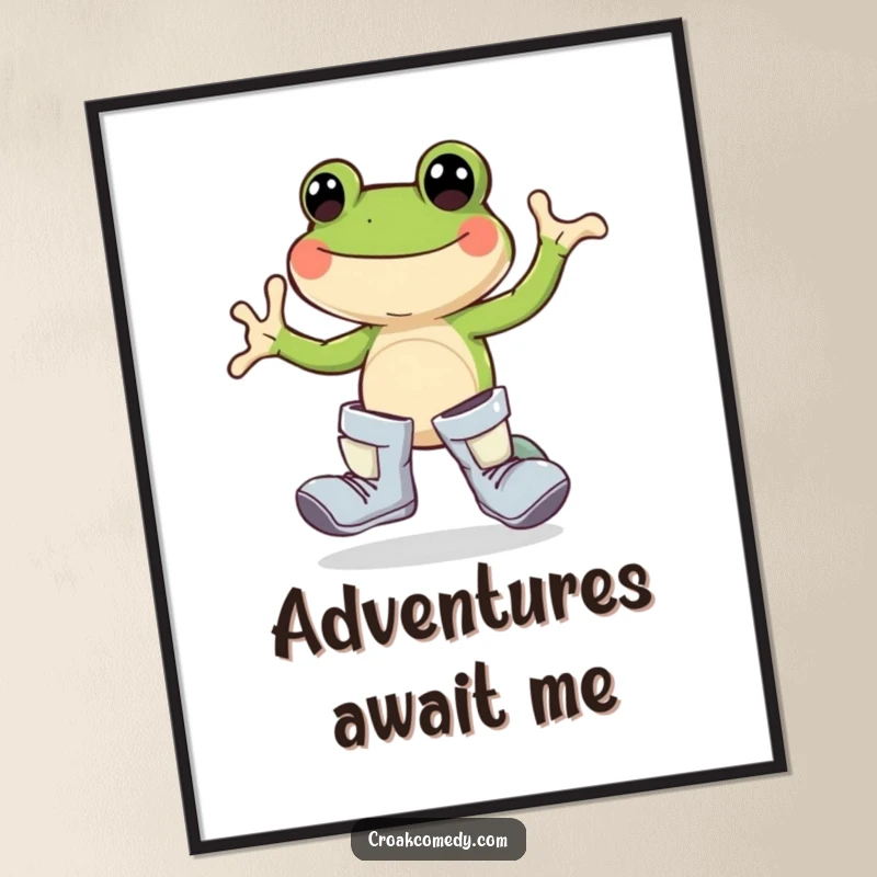 Funny frog poster, oversized boots, joyful hopping, happy amphibian art, nature decor, cute cartoon illustration.
