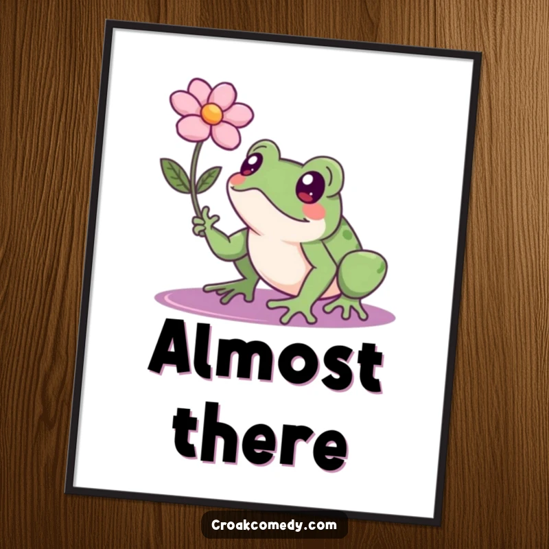 Funny frog stretching intently towards a floating flower, a humorous and inspirational poster for home or office decor.