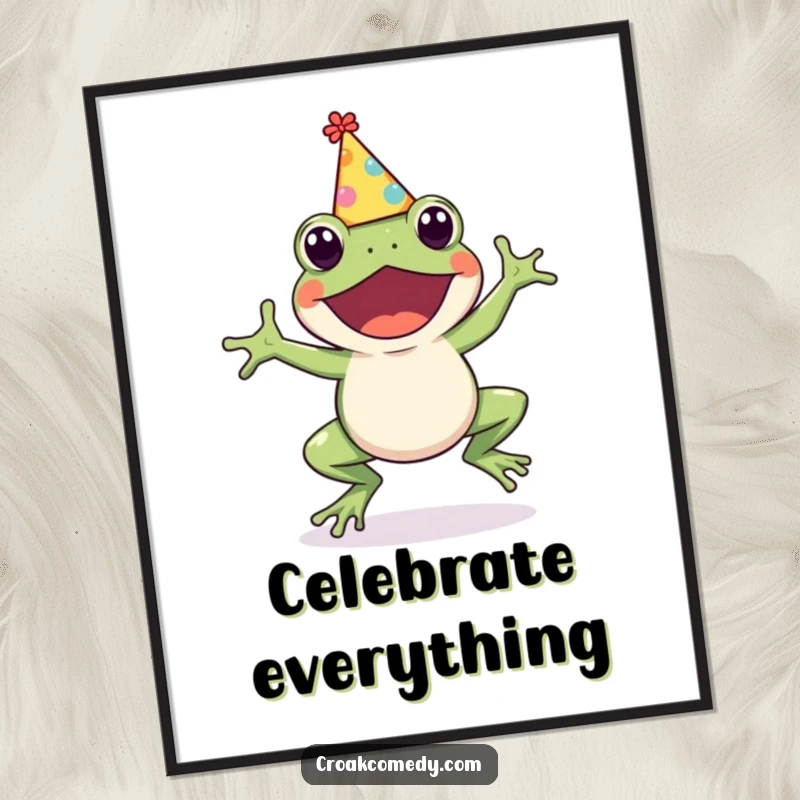 Funny Frog Poster: An illustration of a cute, happy frog wearing a party hat, captured mid-hop, bursting with joyous energy, a funny gift.