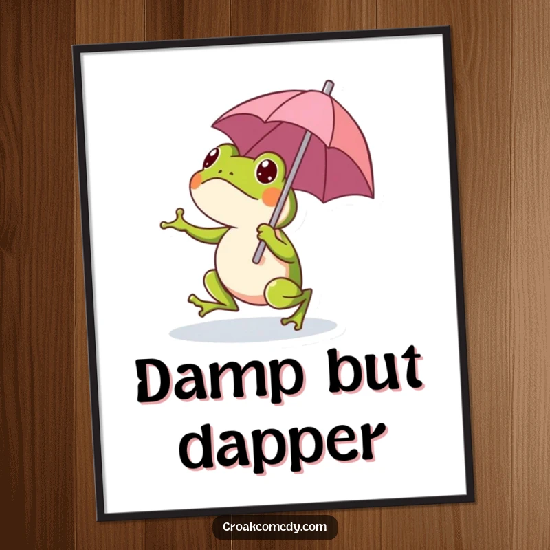 Funny frog character artistically depicted hopping with a small umbrella, adding whimsical charm to wall decor.