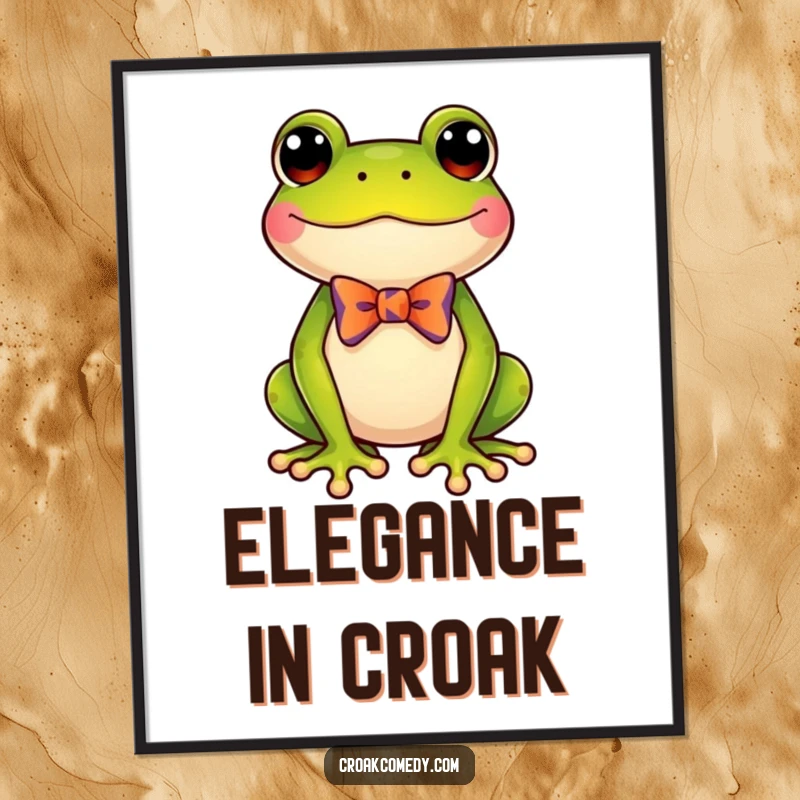 Funny frog wearing a small, colorful bow tie, presented as eye-catching wall art on a poster, designed to amuse.