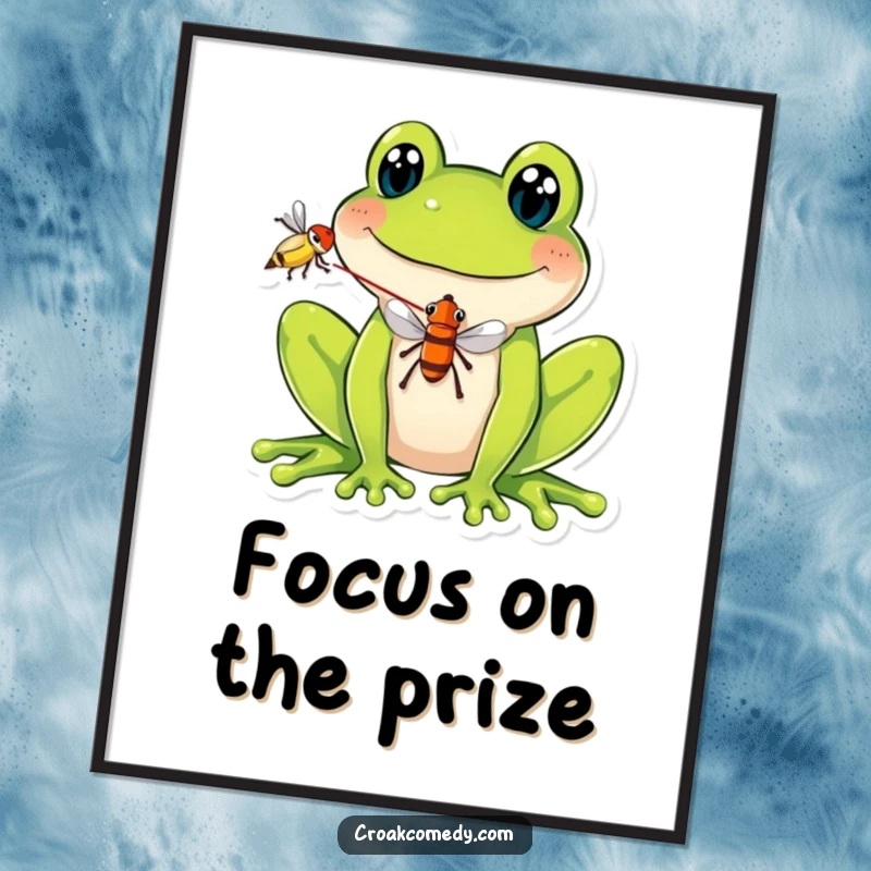 Funny Poster: A comical illustration of a smiling frog skillfully balancing a fly on its extended tongue, radiating humor and artistry.