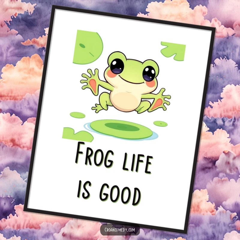 Funny poster of a cute frog character joyfully leaping between lily pads, capturing a moment of pure delight.