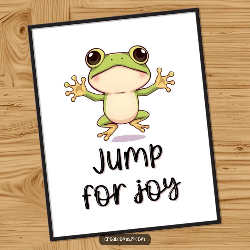 Funny Frog Poster: An illustration of a wide-eyed frog doing a jumping jack with great energy and enthusiasm, perfect for a funny gift.