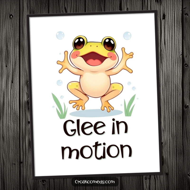 Funny Frog Poster depicting an excited frog gleefully jumping between dewdrops, radiating pure joy.