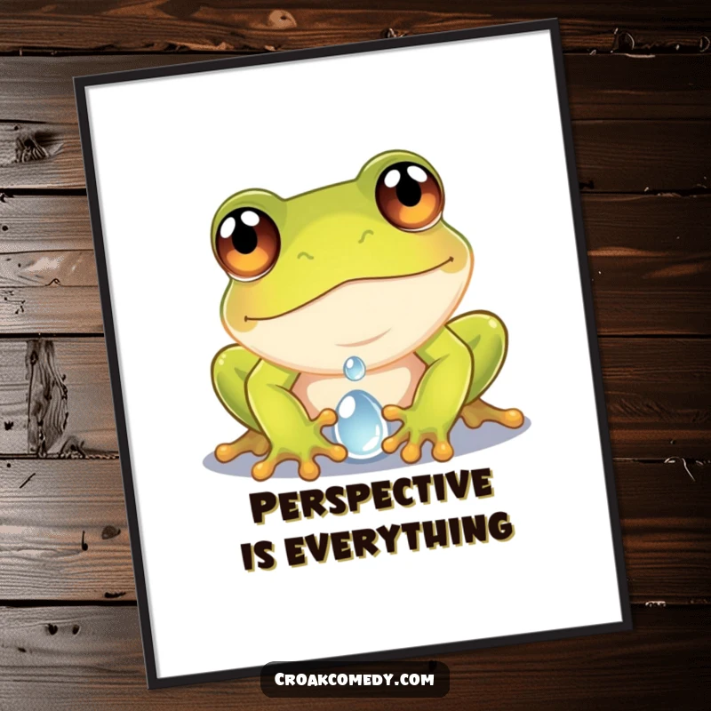 Funny frog poster of a curious frog with wide eyes peering into a dewdroplet, a beautiful piece of macro nature art.