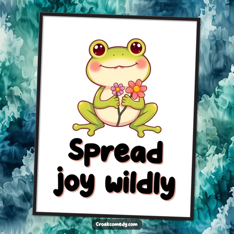 Funny Frog Poster showing a cheerful frog holding a flower, legs spread wide in an expression of pure bliss, artistic funny decor.