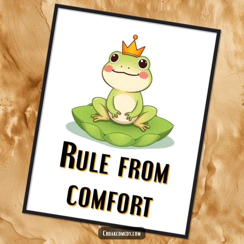 Funny Frog Poster: An artistic depiction of a cheerful frog wearing a crown, riding a lily pad like a majestic king, a funny gift.