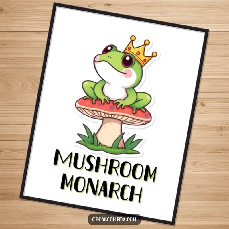 Funny Poster: Frog wearing a tiny crown sits majestically on a mushroom, exuding regal charm.
