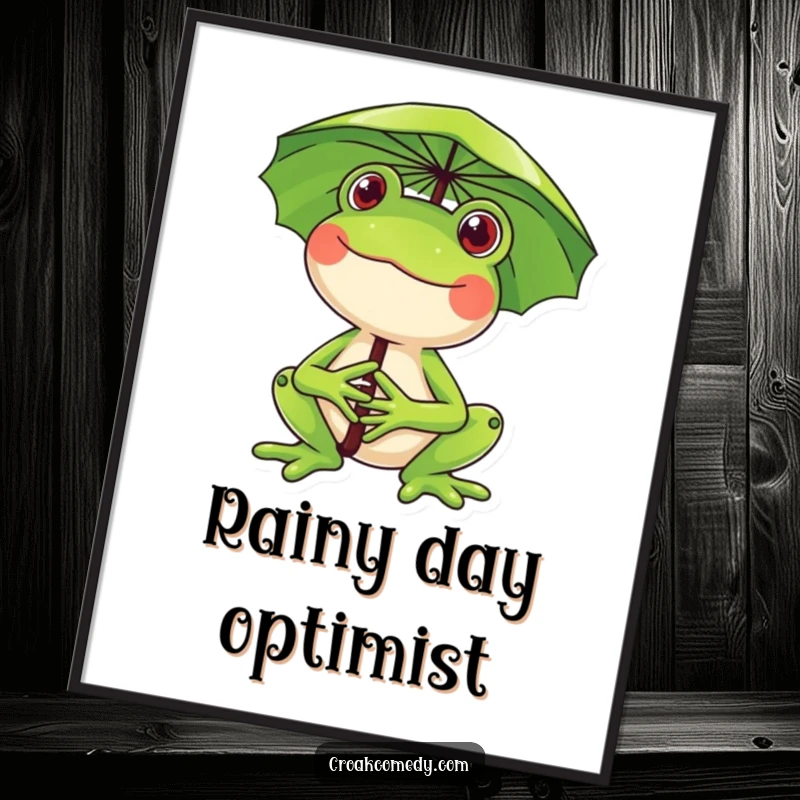 Funny frog poster art, a happy frog holding a lily pad as an umbrella, smiling widely, bringing whimsical joy and outdoor cheer.
