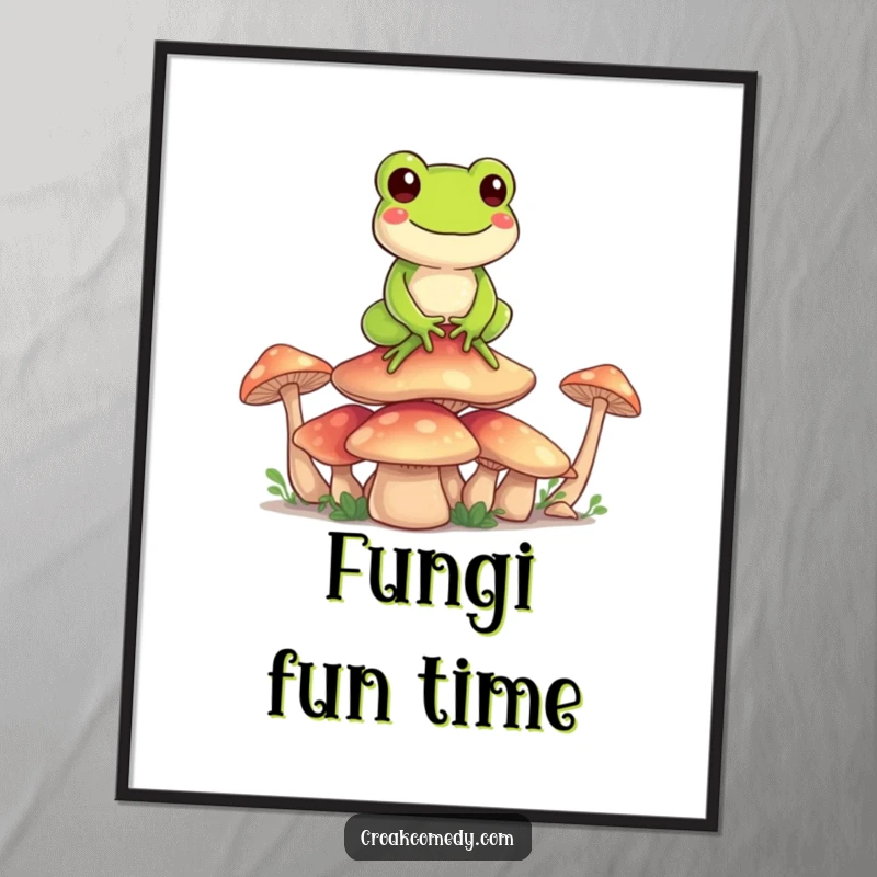 Funny Frog Poster: A happy cartoon frog balancing gracefully on a stack of mushrooms, a serene and humorous illustration.