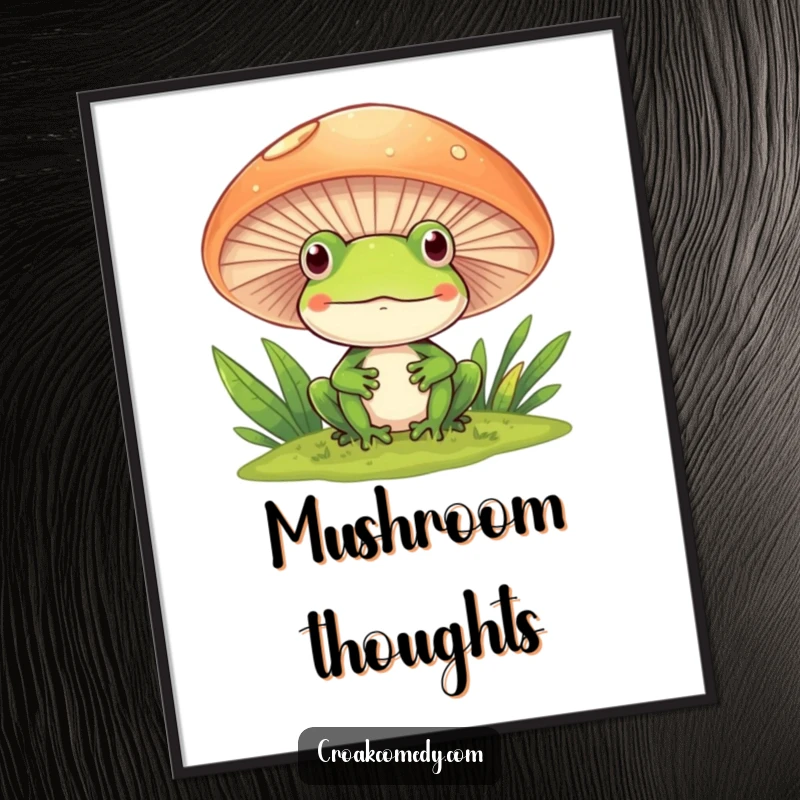 Funny Frog Poster of a frog peeking with a smile from behind a large mushroom, creating a sense of wonder.
