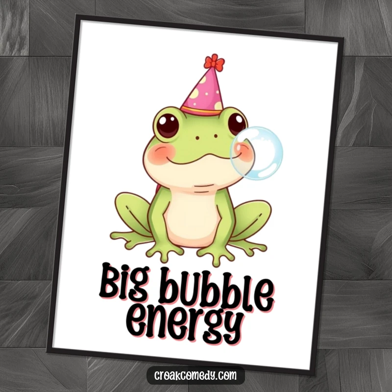 Funny Frog Poster featuring a frog in a party hat blowing a bubble, radiating fun and festivity.