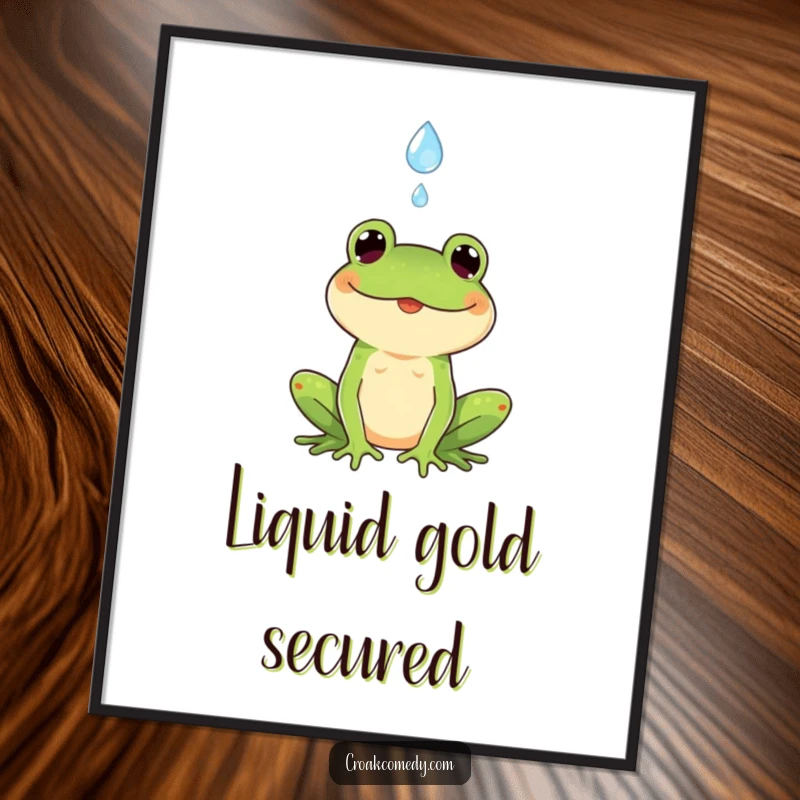 Funny poster print of a happy frog catching a falling raindrop, radiating positivity and a love for rainy days.