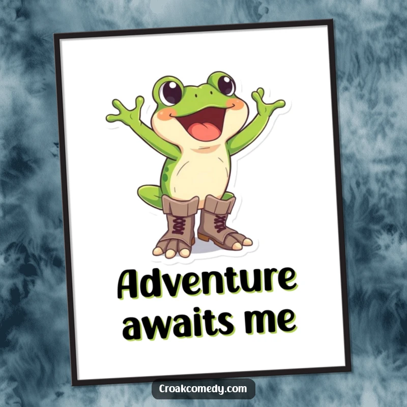 Funny frog poster depicting an excited frog wearing large boots, ready for a humorous adventure on walls.